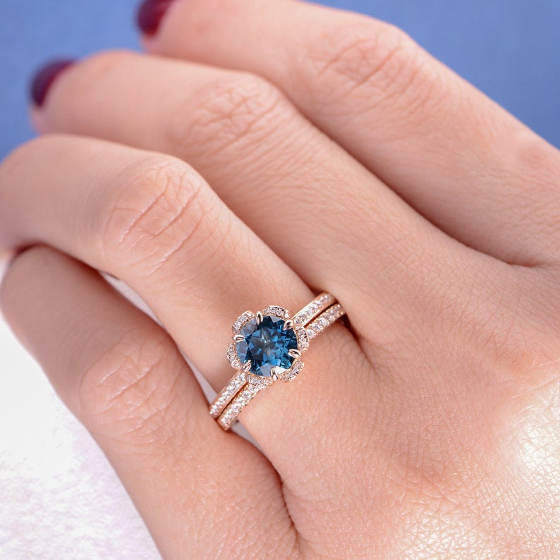 1 CT Round Cut London Blue Topaz Diamond 925 Sterling Silver Halo Wedding Band Women Bridal Set