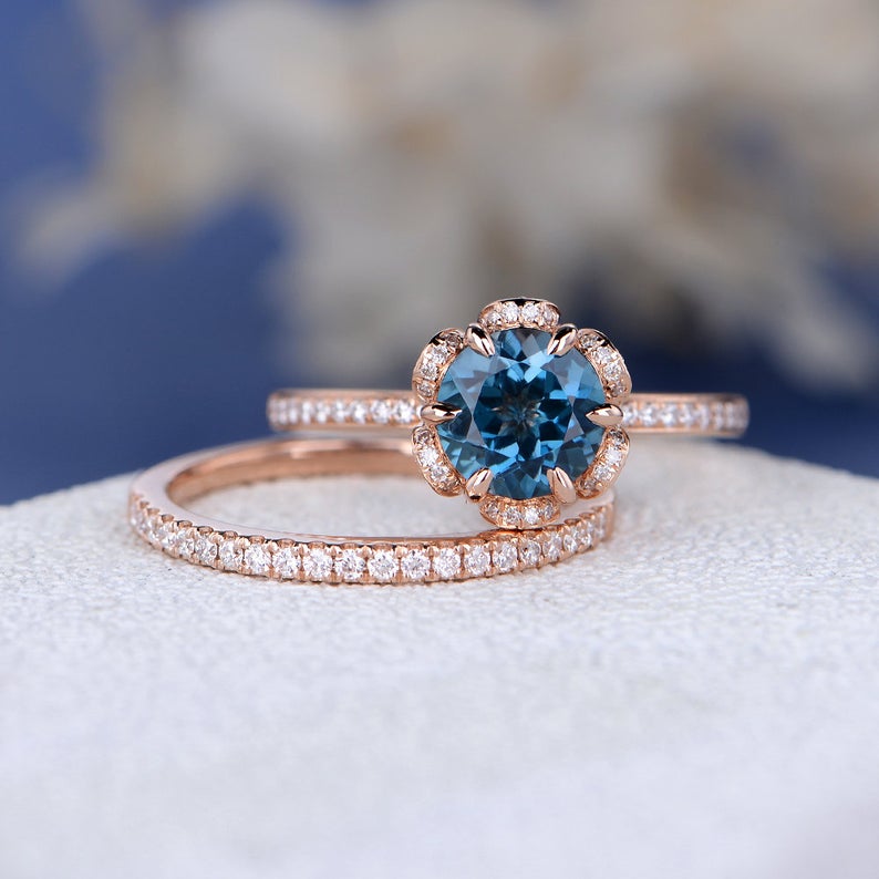1 CT Round Cut London Blue Topaz Diamond 925 Sterling Silver Halo Wedding Band Women Bridal Set