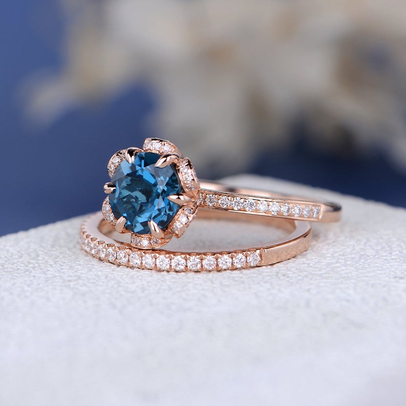 1 CT Round Cut London Blue Topaz Diamond 925 Sterling Silver Halo Wedding Band Women Bridal Set