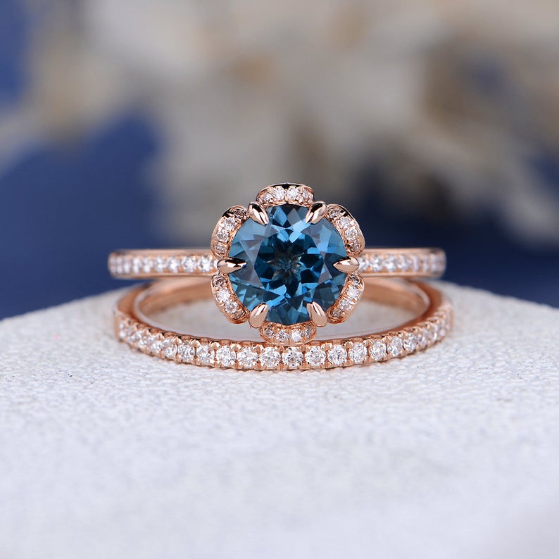 1 CT Round Cut London Blue Topaz Diamond 925 Sterling Silver Halo Wedding Band Women Bridal Set
