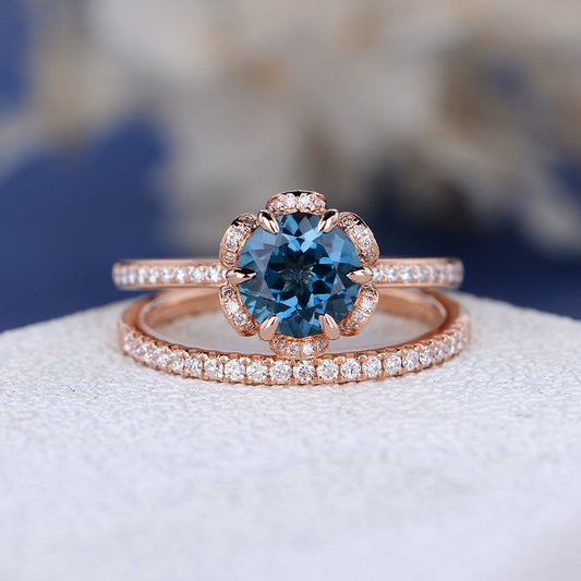 1 CT Round Cut London Blue Topaz Diamond 925 Sterling Silver Halo Wedding Band Women Bridal Set