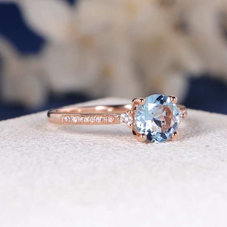 1.35 Ct Round Cut Aquamarine Rose Gold Over On 925 Sterling Silver Solitaire W/Accents Ring