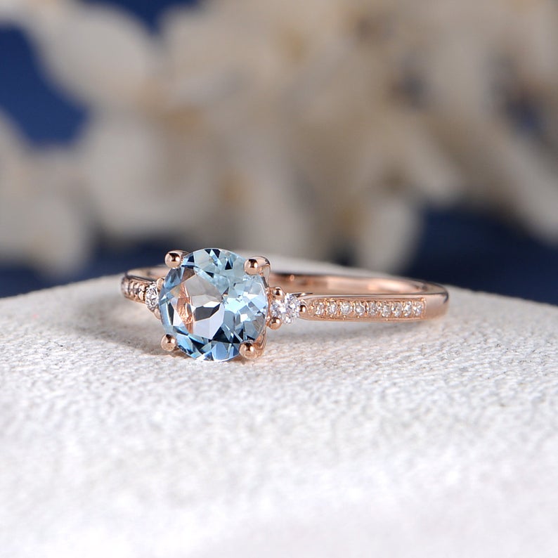 1.35 Ct Round Cut Aquamarine Rose Gold Over On 925 Sterling Silver Solitaire W/Accents Ring