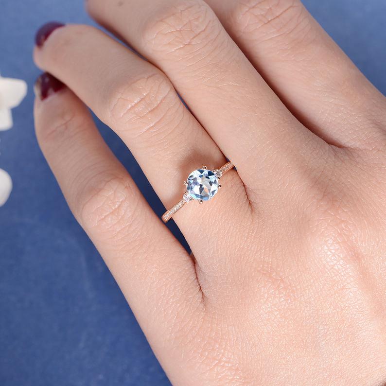1.35 Ct Round Cut Aquamarine Rose Gold Over On 925 Sterling Silver Solitaire W/Accents Ring