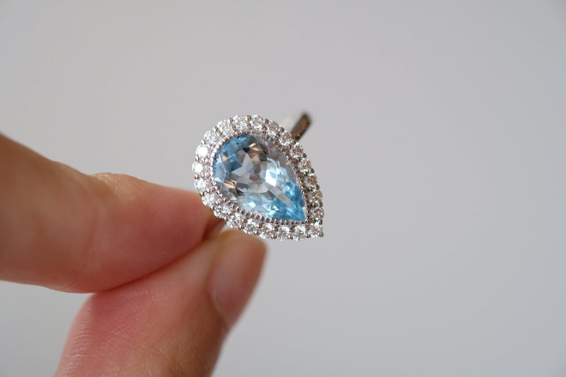 1 CT Pear Cut Aquamarine Diamond 925 Sterling Silver Halo Engagement Ring - atjewels.in