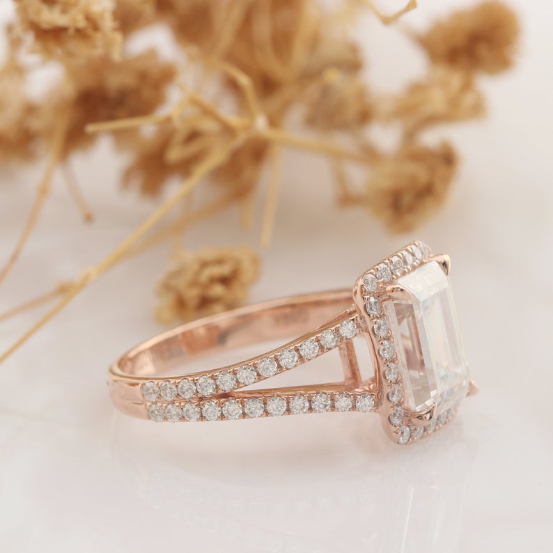 3 CT Emerald Cut Diamond 925 Sterling Silver Split Shank Halo Promise Ring