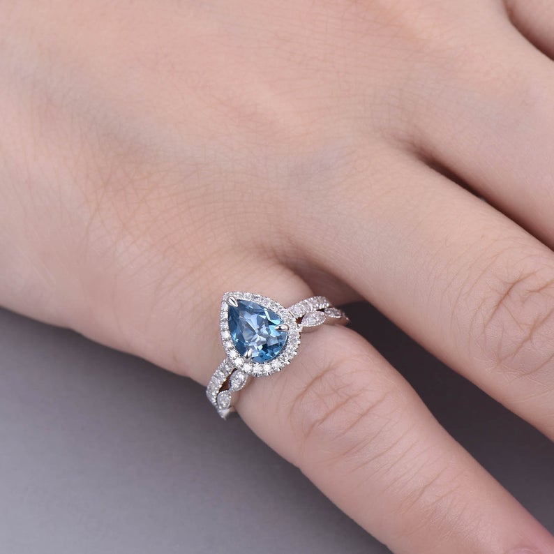1 CT Pear Cur London Blue Topaz Diamond White Gold Over On 925 Sterling Silver Women Halo Bridal Ring Set