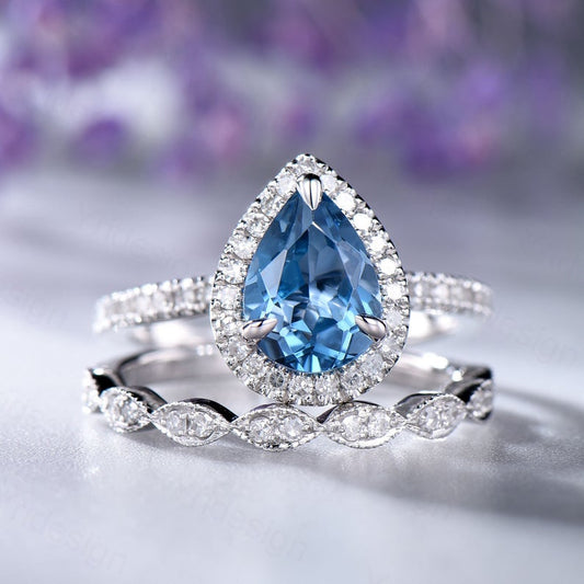 2 CT Pear Cut Blue Topaz Diamond 925 Sterling Silver Halo Wedding Bridal Ring Set