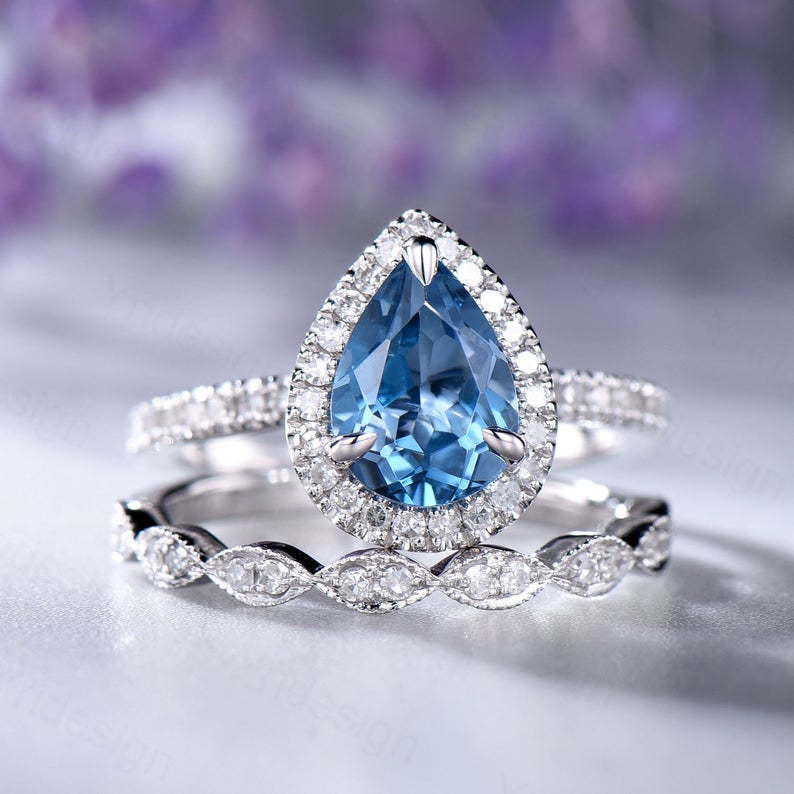 1 CT Pear Cur London Blue Topaz Diamond White Gold Over On 925 Sterling Silver Women Halo Bridal Ring Set