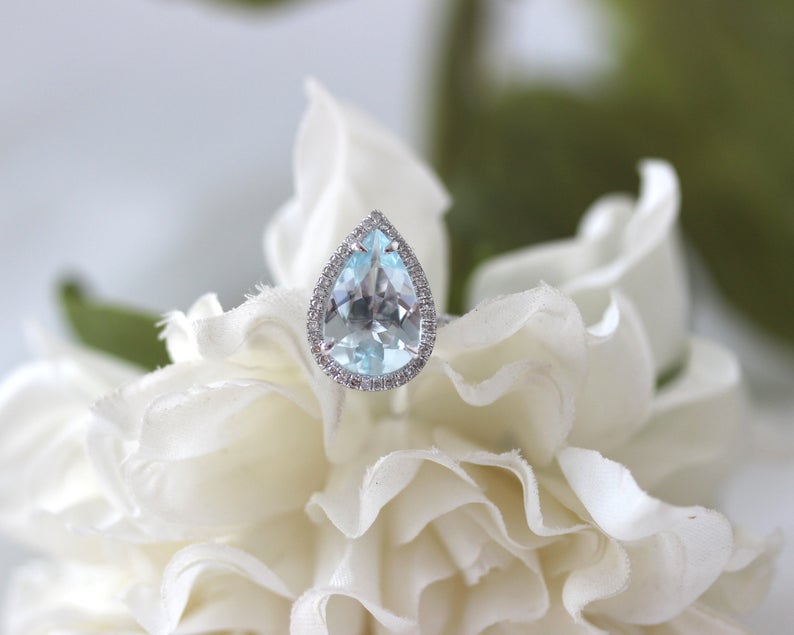 1 CT Pear Cut Aquamarine Diamond 925 Sterling Silver Halo Anniversary Ring