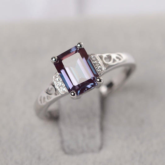 1.75 Ct Emerald Cut Alexandrite 925 Sterling Silver Solitaire W/Accents Engagement Ring