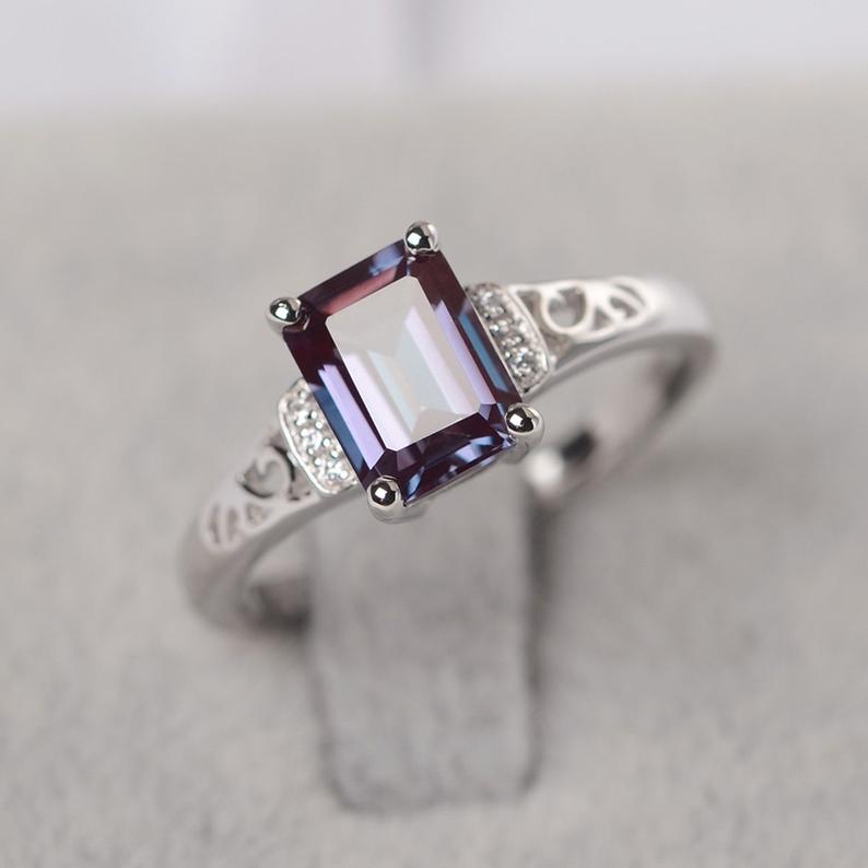1.75 Ct Emerald Cut Alexandrite 925 Sterling Silver Solitaire W/Accents Anniversary Gift Ring