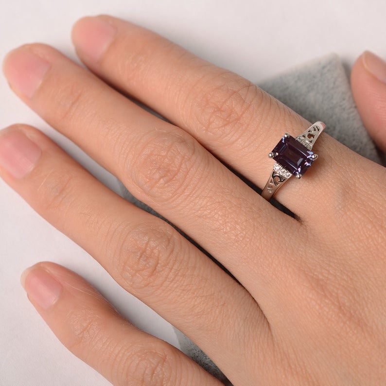 1.75 Ct Emerald Cut Alexandrite 925 Sterling Silver Solitaire W/Accents Engagement Ring