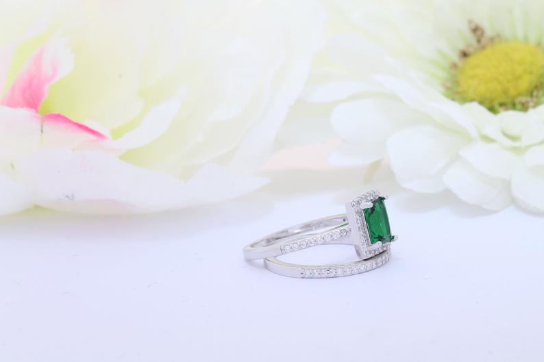 1 CT Emerald Cut Green Emerald Diamond 925 Sterling Silver Halo Wedding Bridal Ring Set