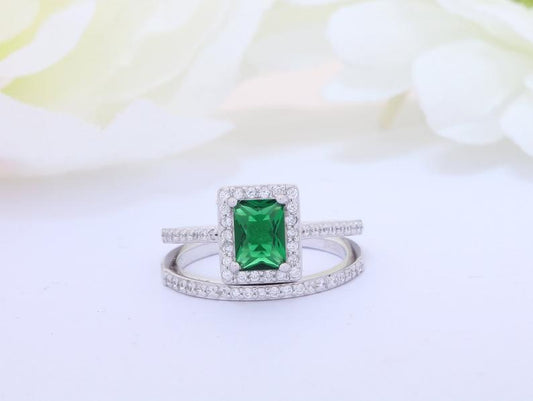 1 CT Emerald Cut Green Emerald Diamond 925 Sterling Silver Halo Wedding Bridal Ring Set