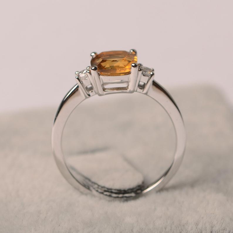 1.50 Ct Cushion Cut Yellow Citrine 925 Sterling Silver Three-Stone Promise Ring
