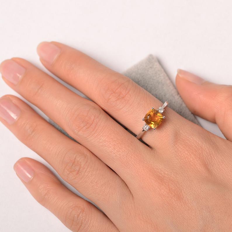 1.50 Ct Cushion Cut Yellow Citrine 925 Sterling Silver Three-Stone Promise Ring