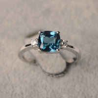 1.50 Ct Cushion Cut London Blue Topaz 925 Sterling Silver Three-Stone Promise Ring
