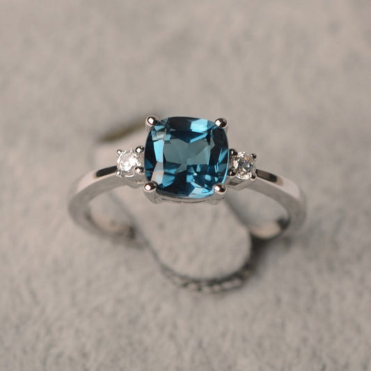 2.10 Ct Cushion Cut London Blue Topaz Three-Stone Promise Gift Ring 925 Sterling Silver