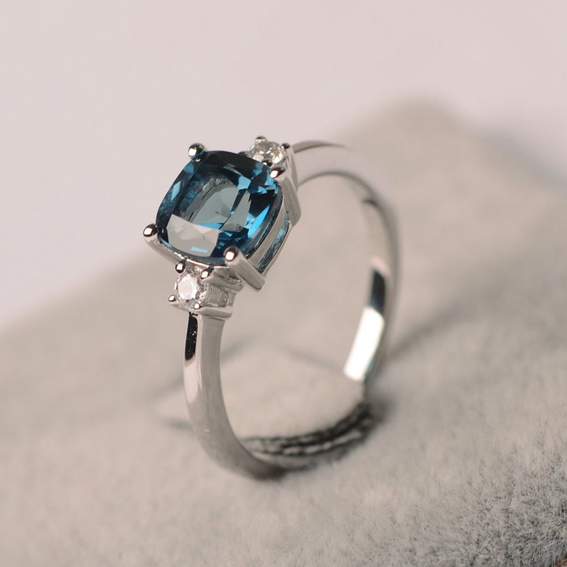 1.50 Ct Cushion Cut London Blue Topaz 925 Sterling Silver Three-Stone Promise Ring