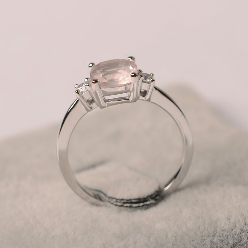 1.50 Ct Cushion Cut Rose Quartz Three-Stone Engagement Ring In 925 Sterling Silver