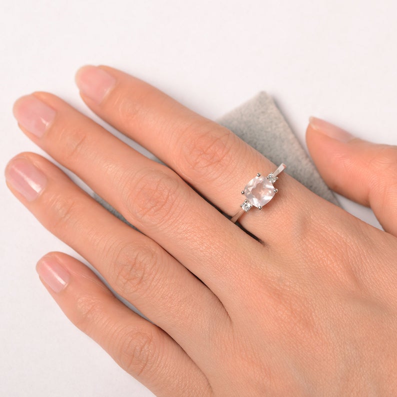 1.50 Ct Cushion Cut Rose Quartz Three-Stone Engagement Ring In 925 Sterling Silver