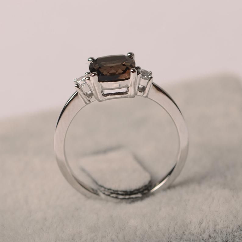 1.50 Ct Cushion Cut Smoky Quartz June Birthstone Ring In 925 Sterling Silver