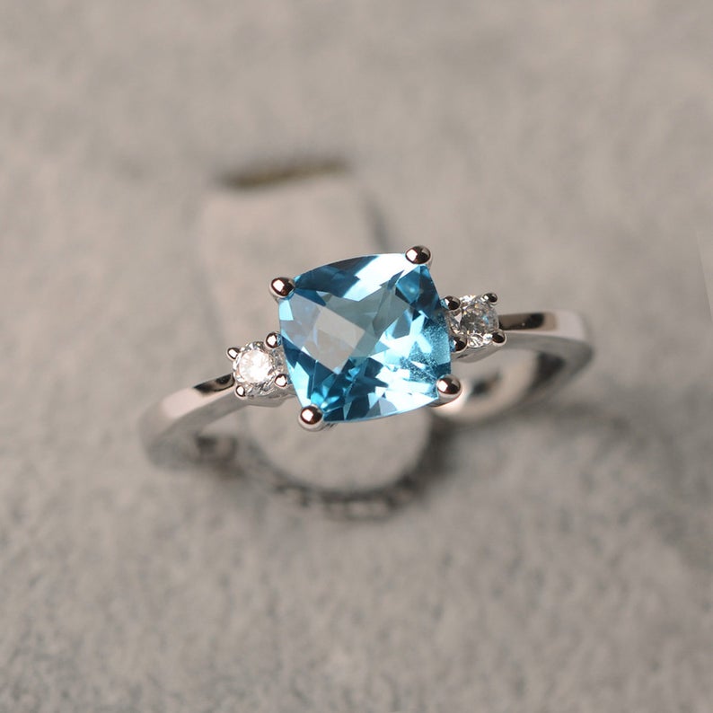 1.50 Ct Cushion Cut Blue Topaz Three-Stone Promise Ring In 925 Sterling Silver