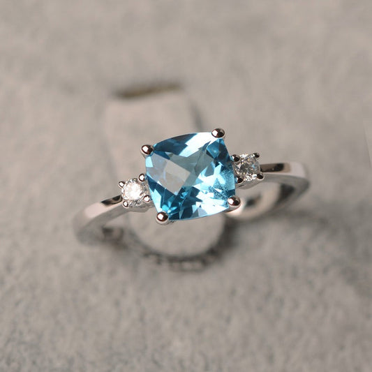 1.50 Ct Cushion Cut Blue Topaz Three-Stone Promise Ring In 925 Sterling Silver