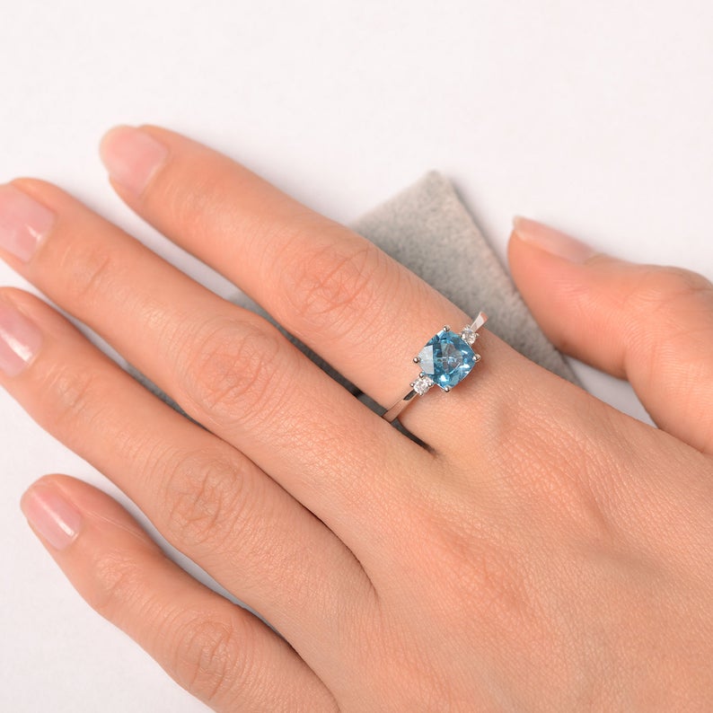1.50 Ct Cushion Cut Blue Topaz Three-Stone Promise Ring In 925 Sterling Silver
