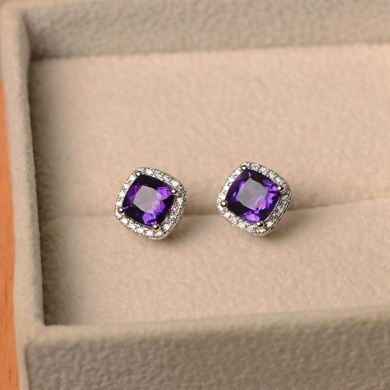 2.50 Ct Cushion Cut Purple Amethyst Halo Anniversary Gift Earrings In 925 Sterling Silver