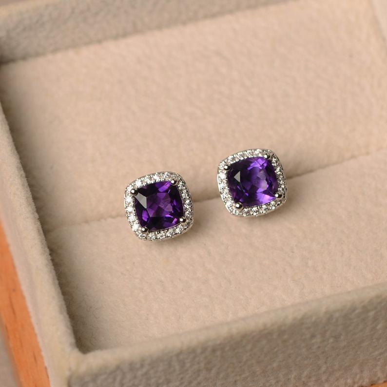 2.50 Ct Cushion Cut Purple Amethyst Halo Anniversary Gift Earrings In 925 Sterling Silver