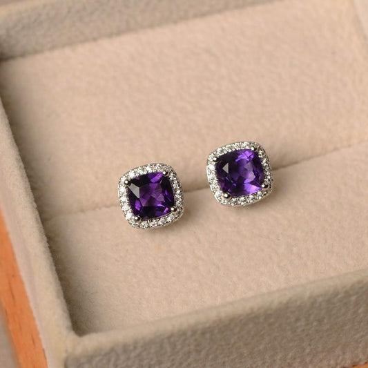 2.50 Ct Cushion Cut Purple Amethyst Halo Anniversary Gift Earrings In 925 Sterling Silver