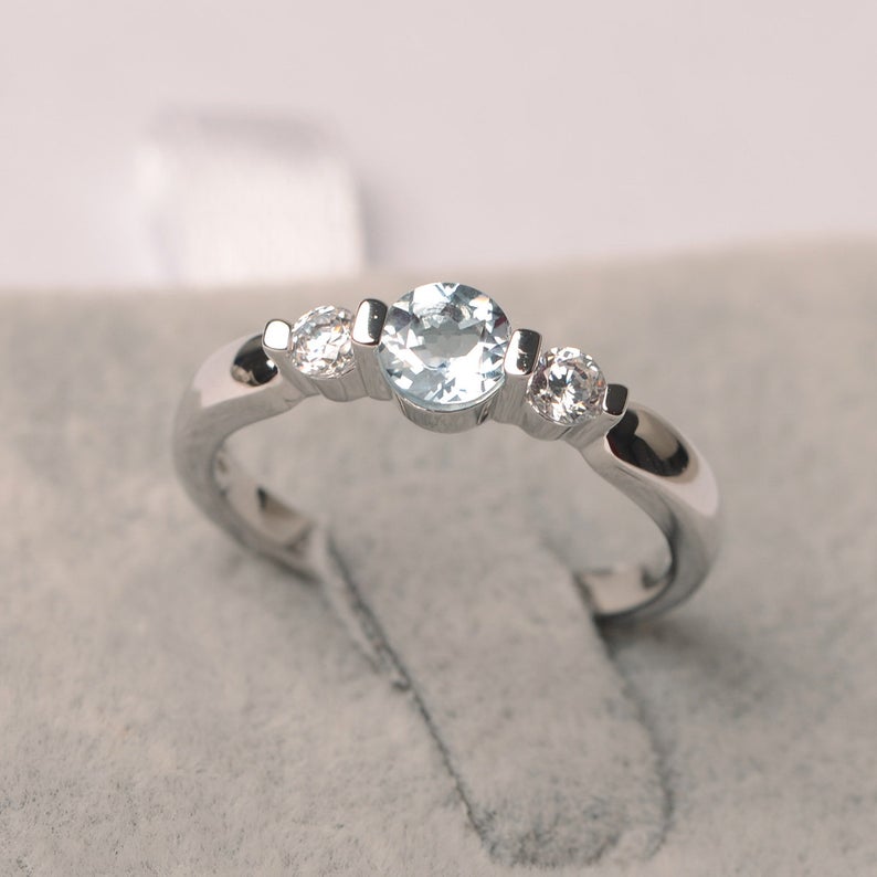 1.20 CT Round Cut Aquamarine & Round CZ Three-Stone Promise Ring In 925 Sterling Silver