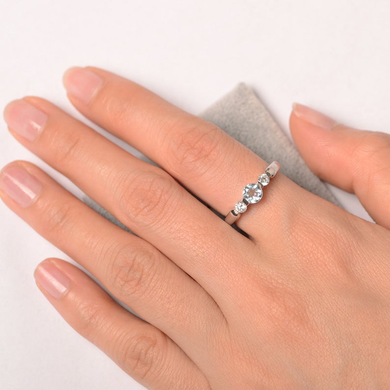 1.20 CT Round Cut Aquamarine & Round CZ Three-Stone Promise Ring In 925 Sterling Silver