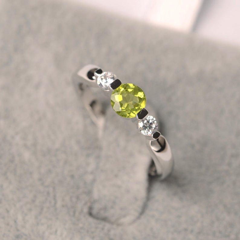1.20 Ct Round Cut Green Peridot & White CZ Three-Stone Promise Gift Ring In 925 Sterling Silver