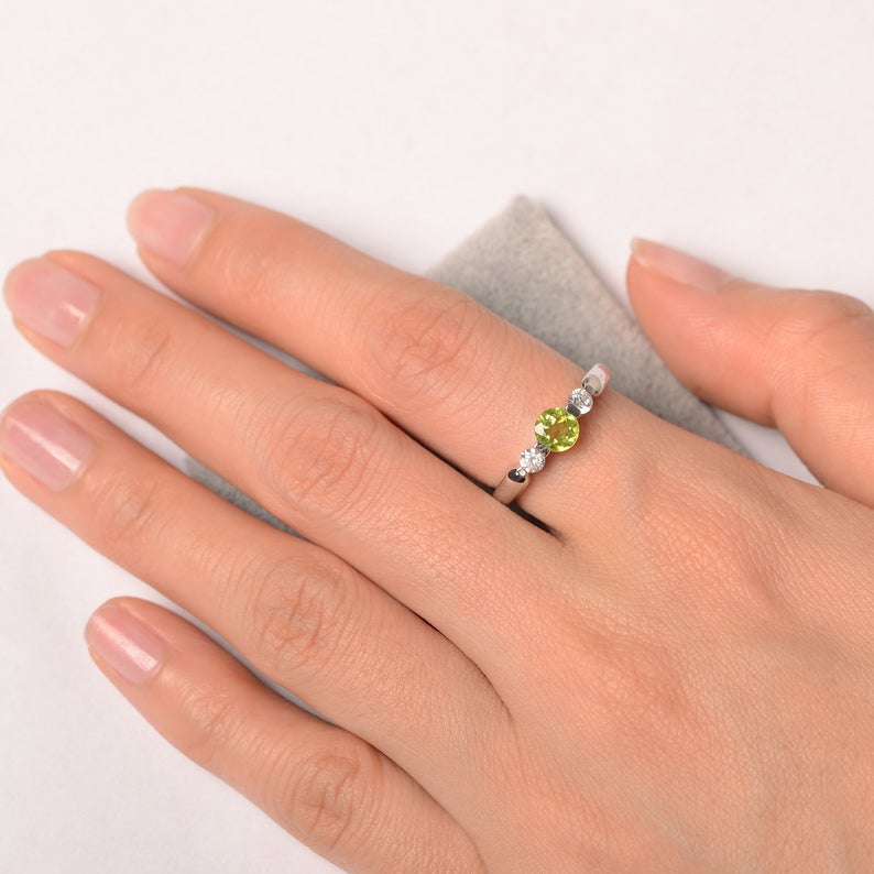 1.20 Ct Round Cut Green Peridot & White CZ Three-Stone Promise Gift Ring In 925 Sterling Silver