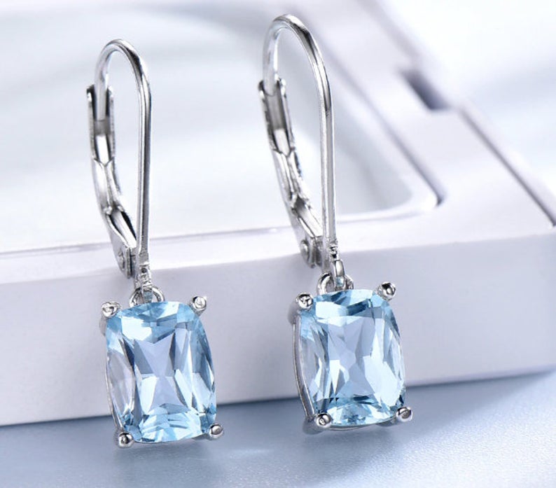 2.00 Ct Cushion Cut Aquamarine 925 Sterling Silver Lever Back Solitaire Earrings - atjewels.in