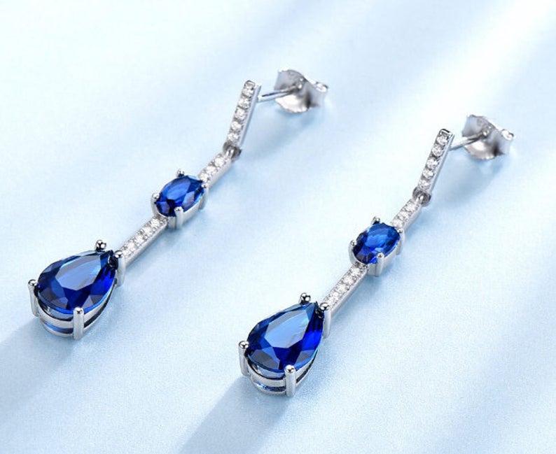 3.20 Ct Pear & Oval Cut Blue Sapphire Trendy Design Dangle Earrings In 925 Sterling Silver
