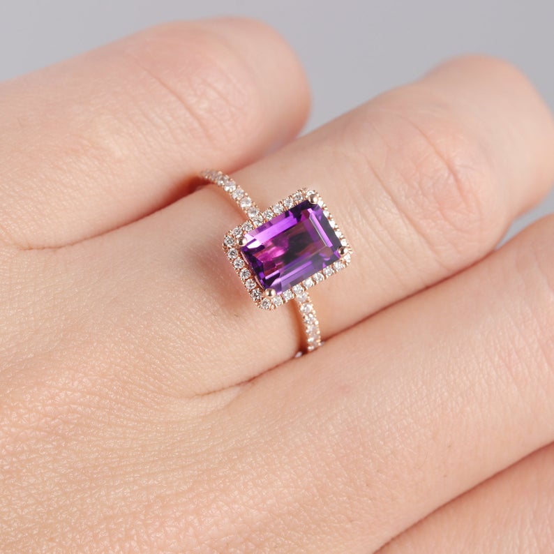 CT Emerald Cut Amethyst Diamond 925 Sterling Silver Halo Engagement Ring