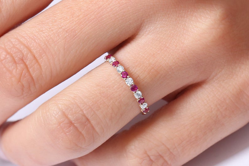 1 CT Round Cut Ruby Diamond 925 Sterling Silver Half Eternity Anniversary Band Ring