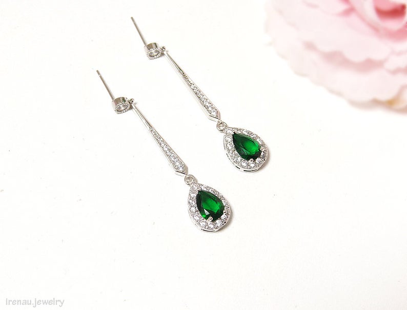 2.25 Ct Pear Cut Green Emerald 925 Sterling Silver Gorgeous Anniversary Gift Earrings