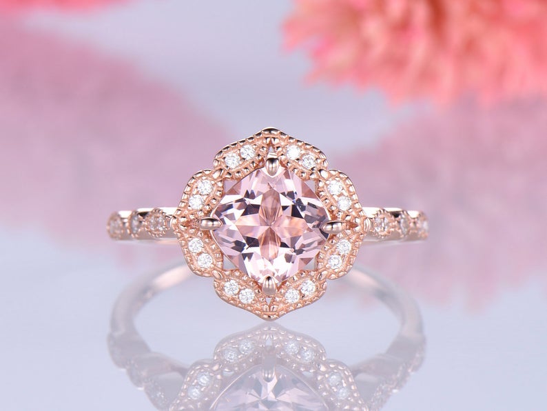 1 CT Cushion Cut Morganite Diamond Rose Gold Over On 925 Sterling Silver Halo Wedding Ring
