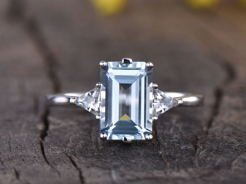 2.10 Ct Emerald Cut Aquamarine 925 Sterling Silver Three-Stone Anniversary Gift Ring