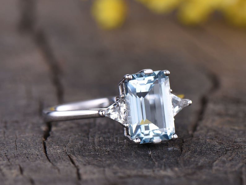 2.10 Ct Emerald Cut Aquamarine 925 Sterling Silver Three-Stone Anniversary Gift Ring