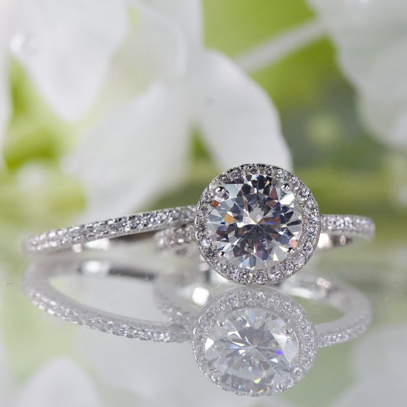 1 CT Round Cut White CZ Diamond White Gold Over On 925 Sterling Silver Halo Bridal Ring Set