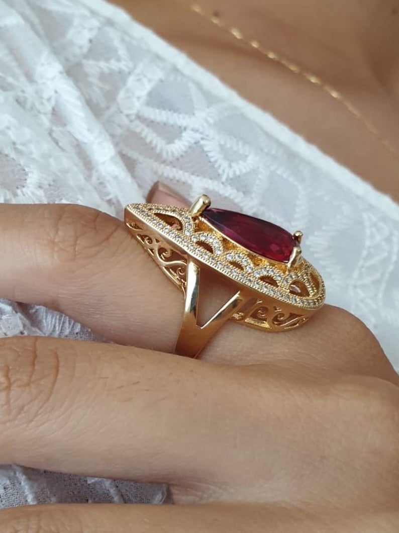 3.25 Ct Pear Cut Red Ruby Yellow Gold Over On 925 Sterling Silver Pear Shape Unique Ring