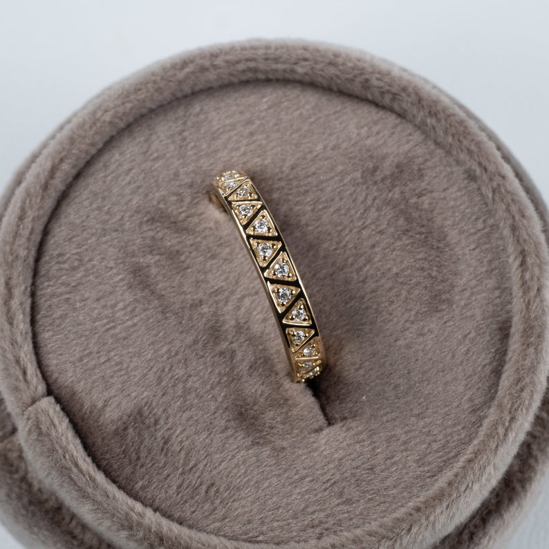 1.20 CT Round Cut Diamond Yellow Gold Ove On 925 Sterling Silver Triangle Full Eternity Ring