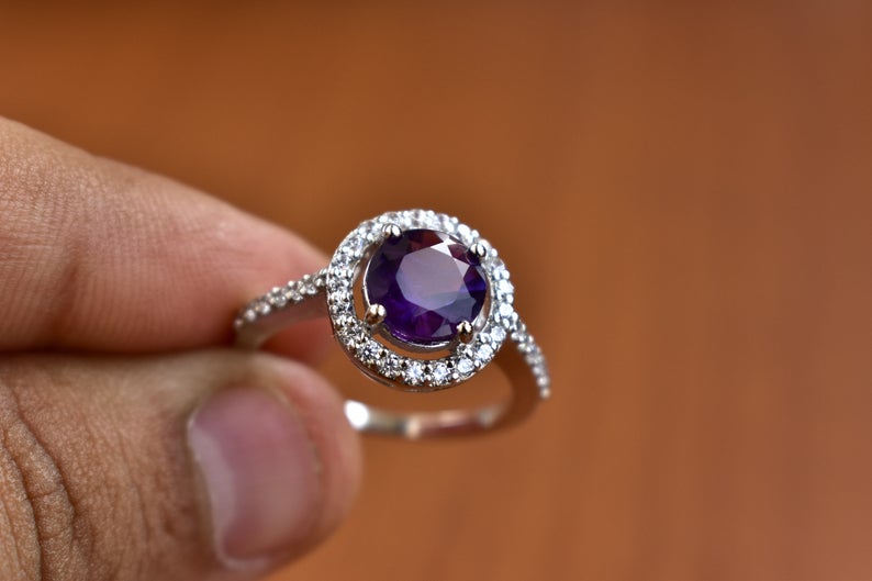 1 CT Cushion Cut Amethyst Diamond 925 Sterling Silver Halo Wedding Gift Ring