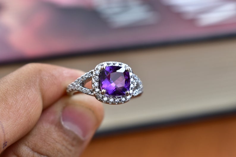 Cushion cut amethyst engagement on sale ring